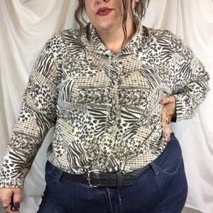 Y2K Classic Elements Plus Size 2X Animal Print Top Button Down Long Sleeve 3X